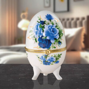 Ceramic Egg Jewellery Box Blue Rose