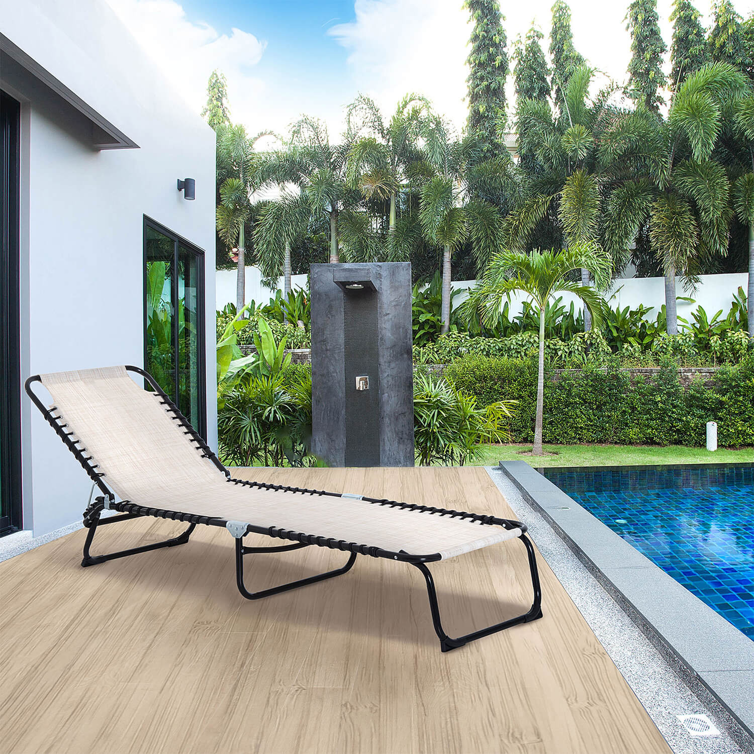 Cream White Folding Sun Lounger With Four-Position Adjustable Back
