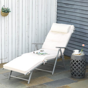 Cream White Reclining Padded Sun Lounger With Pillow