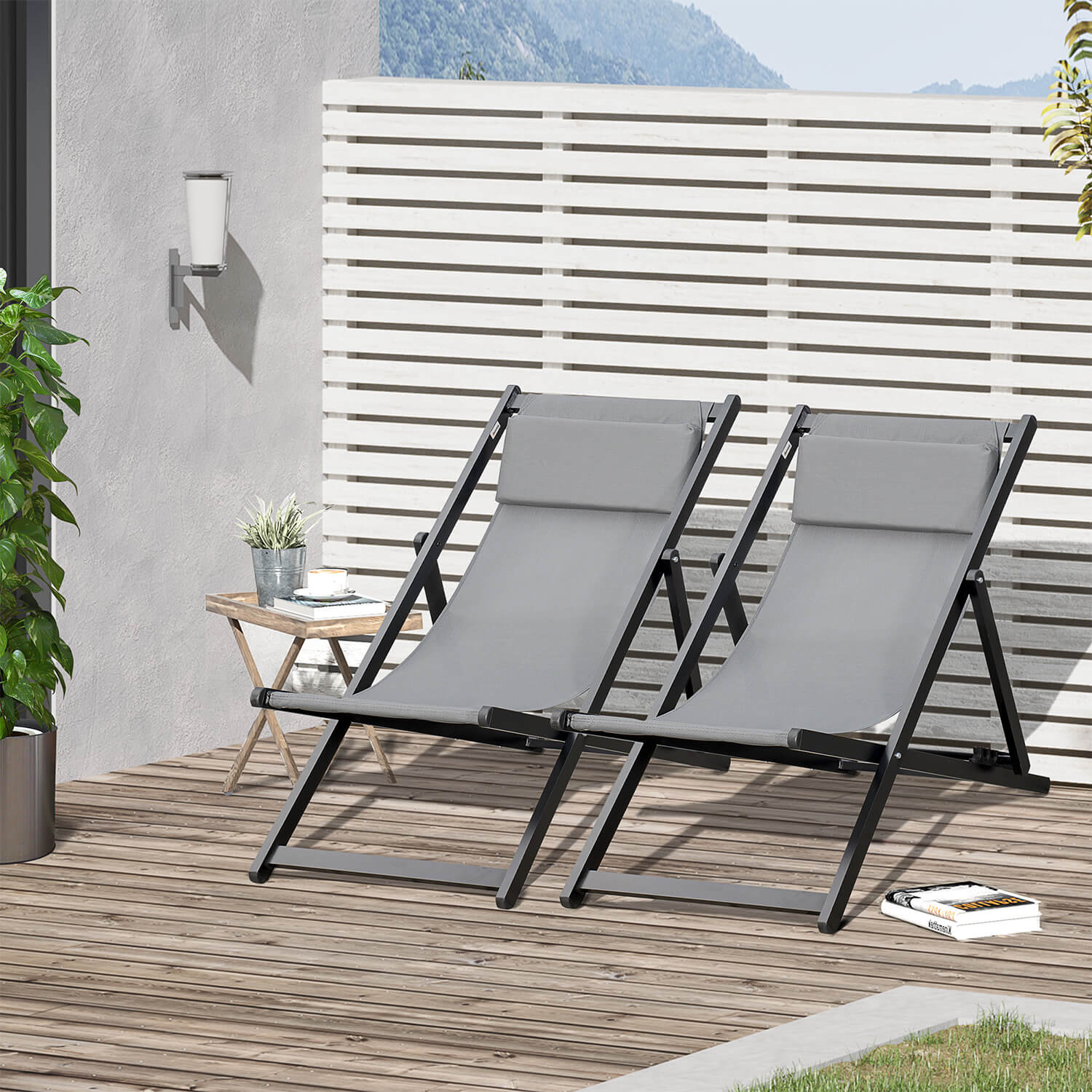 Dark Grey Set Of 2 Folding Garden Deck Chairs