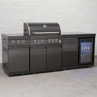 Draco Grills 4 Burner BBQ Black Stainless Steel Modular Outdoor Kitchen with Sear Station and Fridge Unit, Early May 2025 / With Side Panels