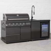 Draco Grills 6 Burner BBQ Black Stainless Steel Modular Outdoor Kitchen with Fridge and Sink Unit, Mid May 2025 / With Side Panels