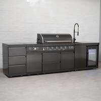 Draco Grills 6 Burner BBQ Black Stainless Steel Modular Outdoor Kitchen with Sear Station Triple Drawer and Fridge and Sink Unit, Mid May 2025 / With Side Panels