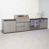 Draco Grills 6 Burner BBQ Modular Outdoor Kitchen with Cupboard, Double Fridge and Cocktail Station, With Granite Side Panels