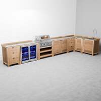 Draco Grills Teak 4 Burner Outdoor Kitchen with Modular Cupboards, Drawers, Sink, Double Fridge, Corner Cabinet, Mid June 2025 / Without Side Panels