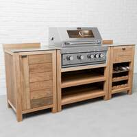 Draco Grills Teak 4 Burner Outdoor Kitchen with Modular Single Cupboard and Wine Cabinet, Mid June 2025 / With Side Panels