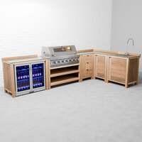 Draco Grills Teak 6 Burner Outdoor Kitchen with Modular Double Fridge, Corner Cabinet, Sink, Late June 2025 / Without Side Panels