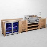 Draco Grills Teak 6 Burner Outdoor Kitchen with Modular Double Fridge, Single Cupboard, Sink, Late June 2025 / Without Side Panels