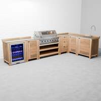 Draco Grills Teak 6 Burner Outdoor Kitchen with Modular Single Fridge, Single Cupboard, Corner Cabinet, Sink, Late June 2025 / Without Side Panels