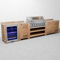 Draco Grills Teak 6 Burner Outdoor Kitchen with Modular Single & Double Cupboards and Single Fridge, Late June 2025 / Without Side Panels