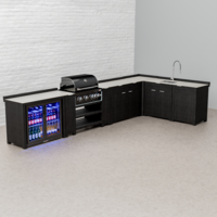 Draco Grills Teak Carbon Line Modular Outdoor Kitchen 4 Burner Black Stainless Steel Barbecue with Double Fridge, Sink, Drawer and Cupboard