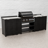 Draco Grills Teak Carbon Line Modular Outdoor Kitchen 4 Burner Black Stainless Steel Barbecue with Side Burner and Cabinet