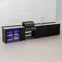 Draco Grills Teak Carbon Line Modular Outdoor Kitchen 4 Burner Black Stainless Steel Barbecue with Sink, Double Drawer and Double Fridge Cabinet