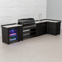 Draco Grills Teak Carbon Line Modular Outdoor Kitchen 6 Burner Black Stainless Steel Barbecue with Sink, Single Fridge and Cupboard, End of January 2026