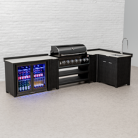 Draco Grills Teak Carbon Line Modular Outdoor Kitchen 6 Burner Black Stainless Steel Barbecue with Sink and Double Fridge Cabinet, End of January 2026
