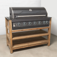 Draco Grills Teak Modular Outdoor Kitchen BBQ Unit with Black Stainless Steel 6 Burner Barbecue, Late May 2025