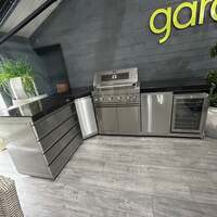 Ex Display Draco Grills 4 Burner Stainless Steel Outdoor Kitchen with Single Cupboard and Sink and Fridge Unit