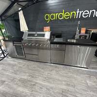 Ex Display Draco Grills 6 Burner Stainless Steel Outdoor Kitchen with Sear Station, Sink Unit and Single Fridge Unit