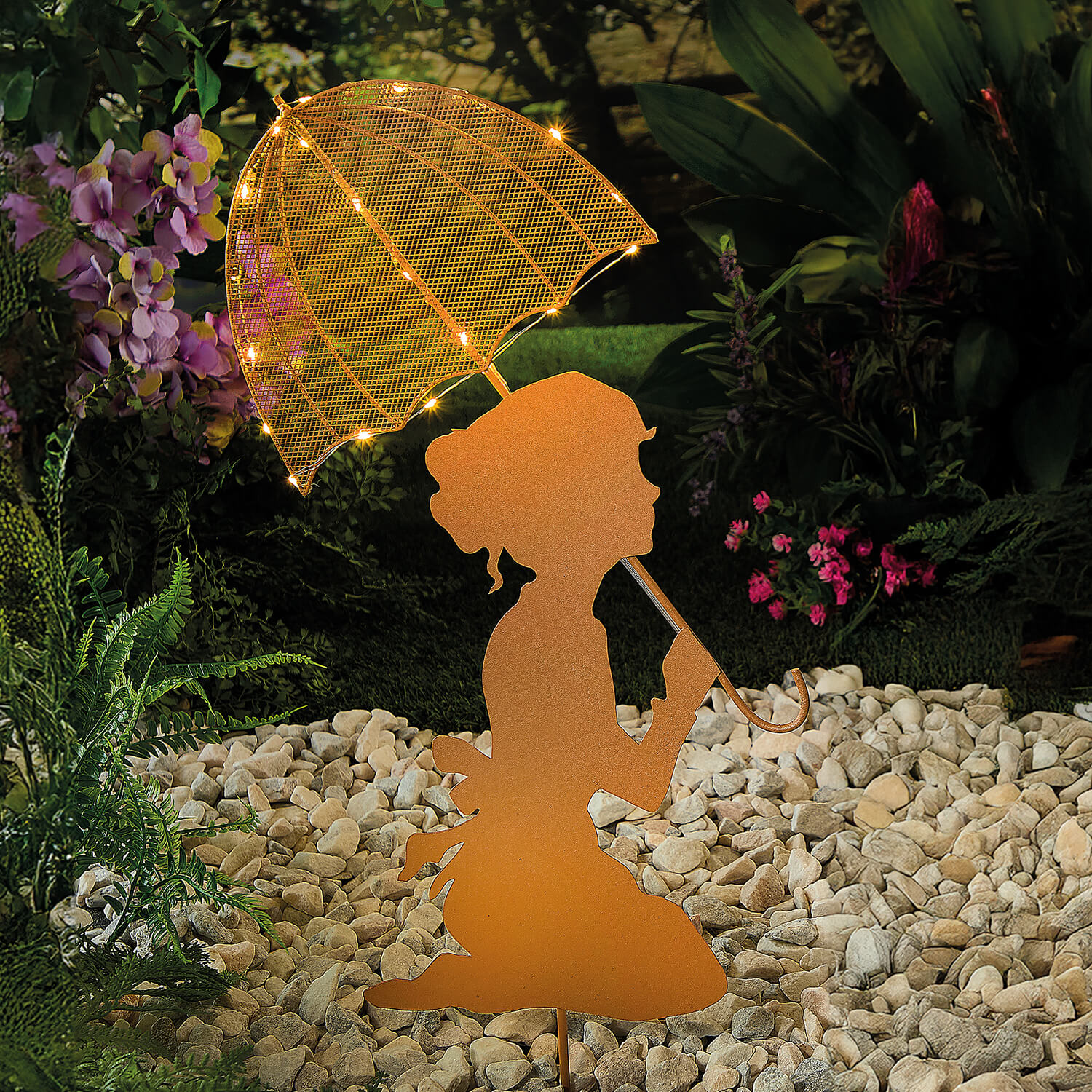 Girl With Sparkling Lights Umbrella Stake