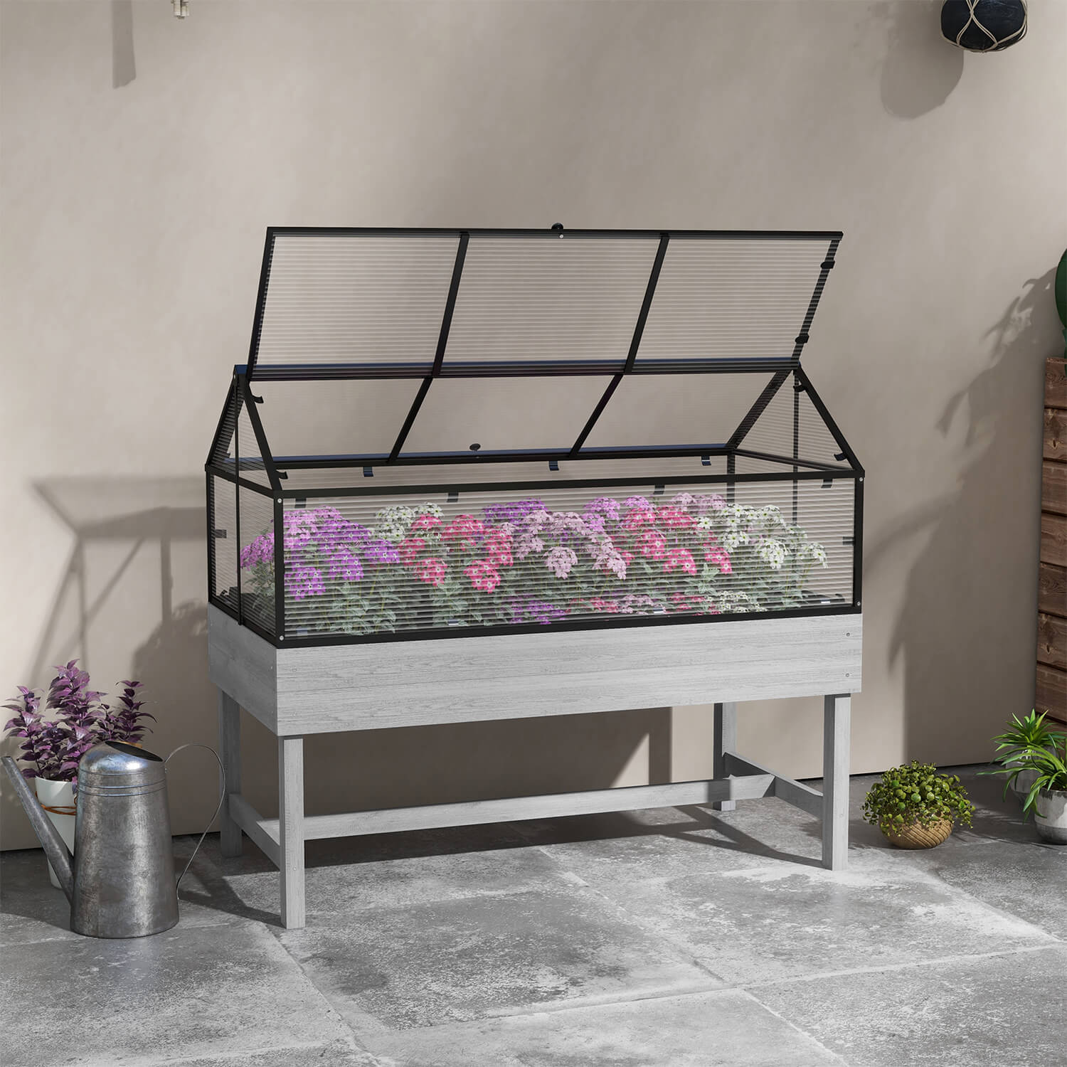 Grey Raised Garden Bed With Polycarbonate Panel