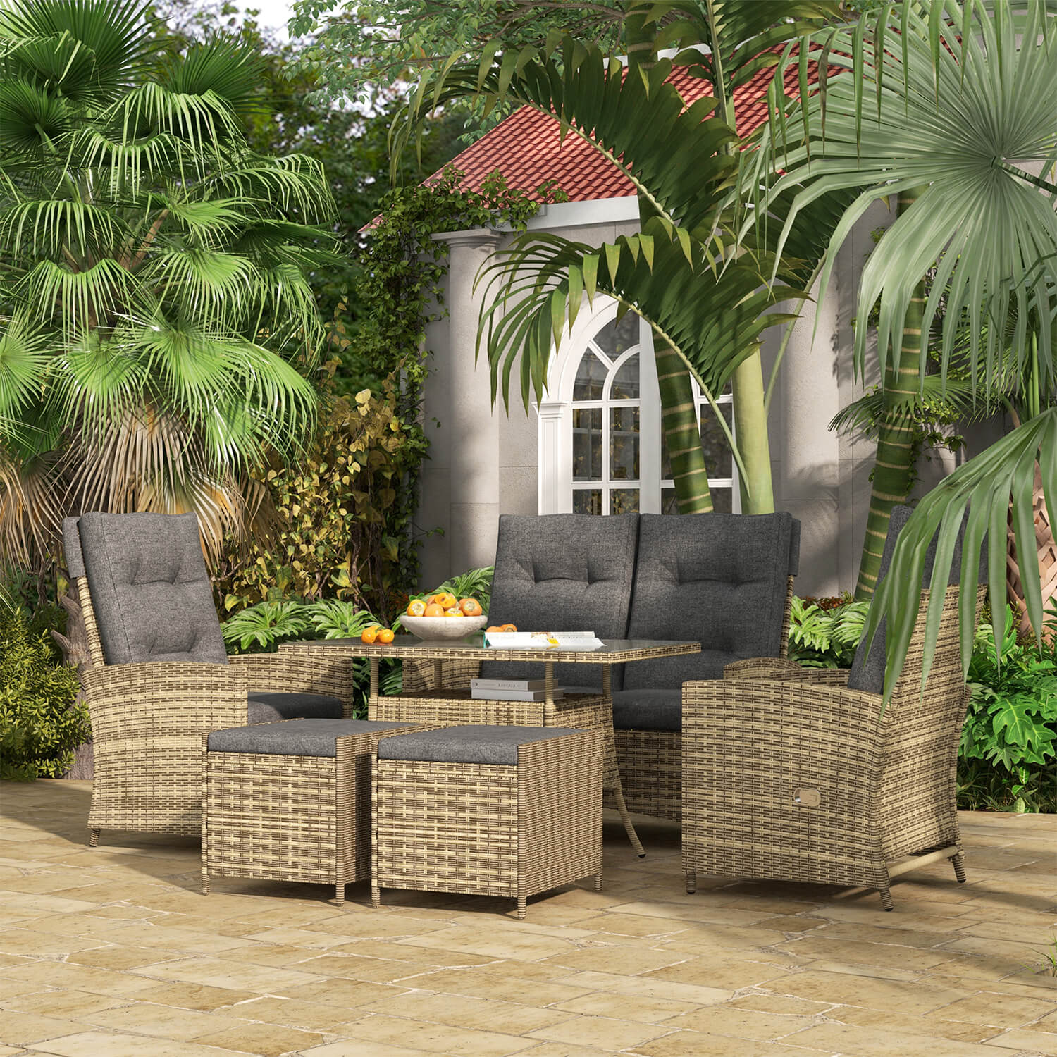 Grey Six-Piece Rattan Garden Set With Reclining Chairs