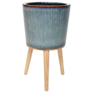 Large glazed plant pot with wooden legs - blue