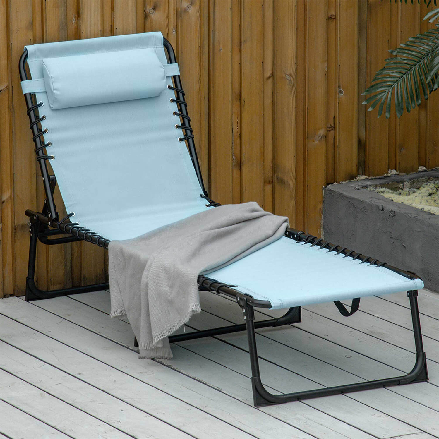 Light Blue Folding Sun Lounger With Four-Position Adjustable Back
