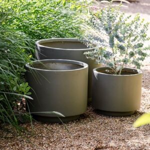 Set of three cylinder footed planters - khaki