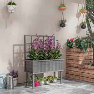 Wood Raised Planter W Trellis Garden Bed Grey