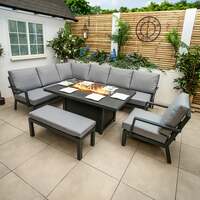 Bracken Outdoors Miami Dark Aluminium Rectangular Corner Set with Firepit Table, Bench and Arm Chair