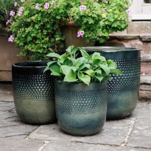 Glazed planter with dot design - petrol green
